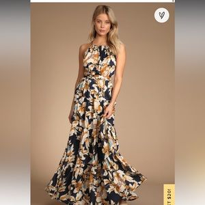 Lulus Heat Wave Babe Navy Blue Floral Print Tie-Back Tiered Maxi Dress